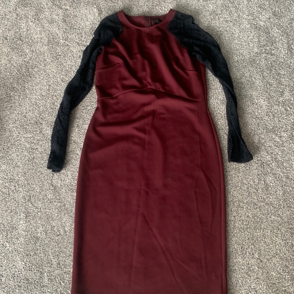 Worthington Dress, Burgundy with Black lace sleeves, size 16
